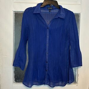 Vintage Fashion Bug Women’s Sheer Cobalt Blue Shimmer Button Up Blouse Size L